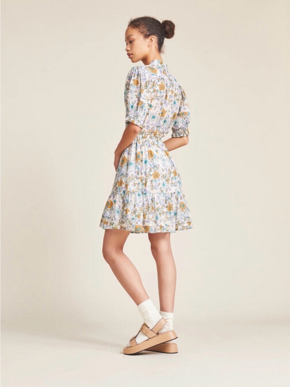 Travata California Birds of Paradise Floral Puff-Sleeve Tiered Mini Dress - Picture 2 of 6